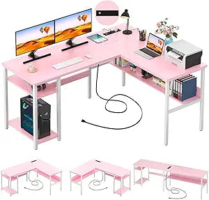Unikito Reversible L Shaped Desk with Magic Power Outlets and USB Charging Ports, Sturdy Corner Computer Desk with Storage Shelves, Gaming Table Home Office Desk, Easy to Assemble, Pink