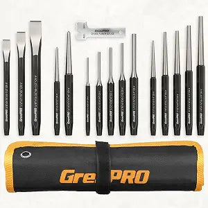 GRENPRO 16Piece Heavy Duty Punch Chisel Set, 40CrV with Storage Pouch