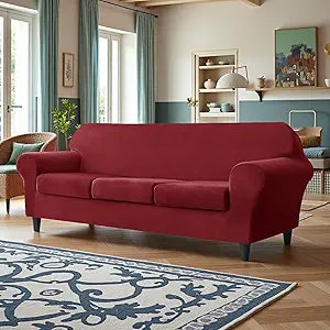 Deisy Dee Velvet Couch Covers - Stretch Soft Sofa Slipcovers for 3 Cushion Couch - Pet Friendly and Durable Fabric for Dogs and Pets - Elegant Protection for Your Living Room Furniture (Burgandy)
