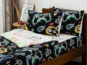 Aimua Glow in the Dark Game Zipper Bedding Set - Gamer Controller Zippered Comforter for Girls, All in one Zipper Bedding (Twin, Navy)