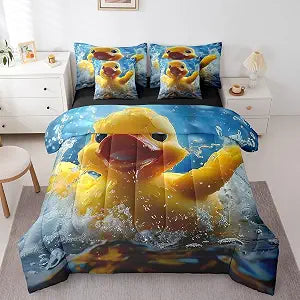 Erosebridal Yellow 3D Rubber Duck Comforter Set Full 7 Piece Funny Swimming Duck Bed in a Bag for Kids Boys Girls Room Decor,Cute Animal Bedding Set with 2 Sheets,2 Pillowcases,2 Throw Pillow Covers