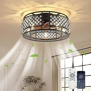 Black Caged Crystal Ceiling Fan with Light, 19-Inch Low Profile Bladeless Flush Mount Caged Ceiling Fan with Light and Remote & App Control for Bedroom, Kitchen,Living Room