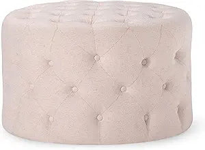 Maven Lane Marcy Traditional Large Round Ottoman, Cushioned Footrest for Living Room Couch, Chair, or Dorm Room in Rustic Cream Fabric Upholstery