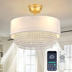 Modern Crystal Ceiling Fan with Light, 19.7 Inch Enclosed Bladeless Ceiling Fan with Remote & App Control, Dimmable LED, Gold Fandelier Ceiling Fans for Bedroom Living Room