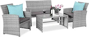 Best Choice Products 4-Piece Outdoor Wicker Patio Conversation Furniture Set for Backyard w/Coffee Table, Seat Cushions - Gray/Gray