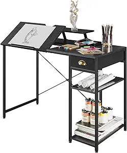 X-cosrack Drafting Table with Storage Shelves & Drawer, 43" Adjustable Art Desk with Monitor Stand for Home Office Computer, Tiltable Draft Drawing Table for Artist, Study, Writing Workstation, Black
