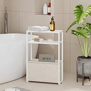 Leomonio Narrow Side Table, Slim End Tables with Fabric Basket, Skinny Table for Small Spaces, Thin Bedside Table for Living Room, Bedroom (1, White + Camel Brown)