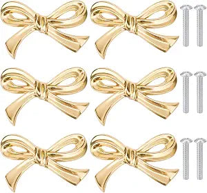 6pcs Bow Shape Dresser Knobs, Gold Bow Drawer Cabinets Knobs Decorative