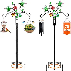 Double Shepherds Hooks for Outdoor, 2 Pack 78 Inch Bird Feeder Pole with 5 Prongs Base, Adjustable Heavy Duty Plant Hangers Hummingbird Art for Outdoor Plants Hummingbird Feeder Hanging Basket Lantern