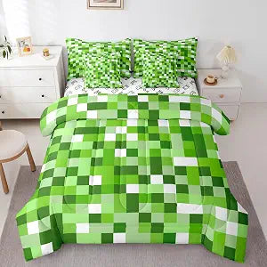 Castle Fairy Pixel Style Games 7 Piece Comforter & Sheet Sets Full Size,Miner Theme Bedding Set Light Green Block Bed in a Bag Building Gaming Flat & Fitted Sheets,4 Pillow Covers