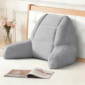 IASEAHK Back Pillow for Bed Sitting Up, Reading Pillows for Beds, Bed Pillow for Sitting up, Backrest Pillows with Arms for Adult, Filled with Shredded Memory Foam for Beds, Couch, Floor, Light Grey