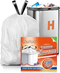8-9 Gallon Plastic Drawstring Trash Bags 250 Counts, Compatible with Simplehuman Code H, 30-45 Liter Medium Kitchen Garbage Bags, White Trash Can Liners