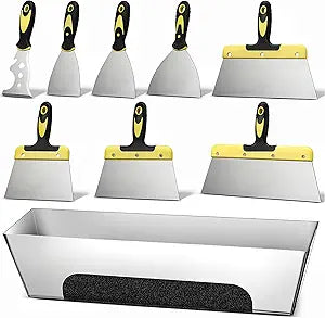Lasnten 9 Piece Drywall Tools, Stainless Steel Drywall Knife Tool Kit Includes Putty Knife, Taping Knives, Putty Knives, 12" Mud Pan, Painter Scrapers for Joint Taping, Finishing, Patching