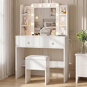 FUXA Makeup Vanity Desk with LED Mirror and Charging Station, Vanity Table Set with Storage Drawers, Shelves and Chair, Dressing Table with 3 Lighting Modes for Bedroom, White