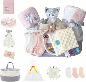 CREVENT Set for Girls -Diaper Caddy Organizer Basket with 2 Blankets, 1 Taggie, 1 Lovey, 3 Socks1 Headband1 Gift Bag with Ribbon - Newborn Essential Gift Set (Pink)