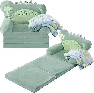 Couch, 2-in-1 Fold Out Sofa, Flip-Out Foam Chair with Cozy Flannel Blanket, Soft Plush Sofa for Reading, Playroom and Bedroom(Green Dinosaur)