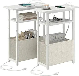 sthmec Narrow Side Table with Charging Station Set of 2, Small End Table for Small Spaces, Skinny Nightstands Set 2 with Storage Basket, 3 Tier Sofa Bedside Tables for Living Room,Bedroom, White
