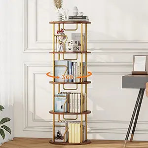 Rotating Bookshelf Tower, Spinning Bookshelf, 360 Display Round Bookcase, Floor Standing Corner Revolving Bookcase Organizer Storage Rack for Home Study Office (Gold&Brown, Round 4-Tier)