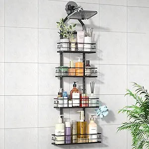 Shower Caddy Hanging Rustproof, 4 Tier Adjustable Hanging Shower Caddy Over Showerhead, No Drilling Handing Shower Racks for Bathroom Shampoo Soap Storage