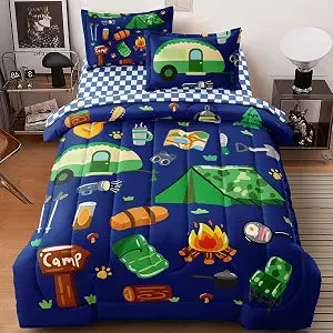 Blue Camping Bedding Comforter Set for Boys Girls, Twin, 5 Pieces | Camper Trailer Bedding Set, 5-Piece, Reversible, Bed in A Bag
