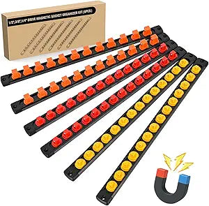 GOOACC Magnetic Socket Organizer 1/4" 3/8" 1/2" Socket Holder Set Heavy Duty Aluminum Socket Rail Organizers for Tool Box Drawer, 6 Pieces Magnetic Socket Rails Holds 80 Swivel Clips Orange Red Yellow