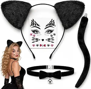 Black Cat Ears Headband, Tail, Choker & Face Stickers Set - Black Cat Costume Outfit Woman Adult Women, Halloween Cosplay Costume Dress Up Party Accessories