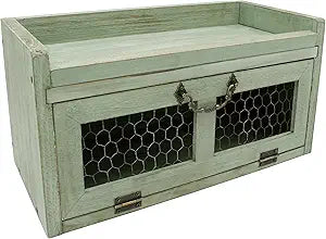 Farmhouse Countertop Storage Organizer, Rustic Wood Kitchen Cabinet with Chicken Wire, Kitchen Pantry Display Shelf, Country Vintage Style. Distress Teal