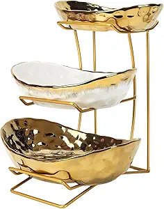 3 Tier Fruit Bowl for Kitchen Counter, Ceramic Fruit Bowl with Metal Stand, 3 Tier Fruit Basket for Vegetable Snacks Nuts Bread Candy Storage (Gold)