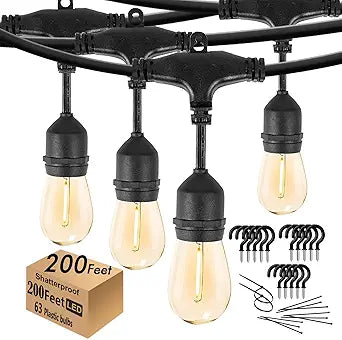 200FT String Lights for Outside LED Patio Lights Outdoor Waterproof with 63 Shatteproof Edison Lights Outdoor String Lights 2200K for Patio Gazebo Pergola Caf