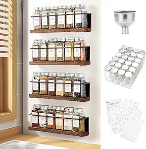 Magnetic Spice Rack with 24 Jars, 216 Labels, 1 Steel Funnel for RefrigeratorMicrowave Oven - Full Set of Spice Organizer