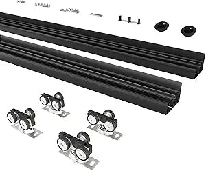 7FT/84(Double 3.5FT) Bypass Door Hardware, Aluminum Double-Closing Sliding Closet Door Hardware with Finger Pull Included, Smoothly and Quietly, Fit Door Thickness 1 3/8" or 1 3/4", Black