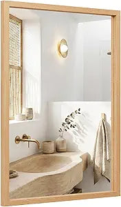 24"x36" Natural Wood Tone Wall Mirror for Over Sink, Lightweight Boho Bathroom Vanity Mirror, Scandi Faux Wood Texture Decor Mirror for Entryway, Vertical/Horizontal