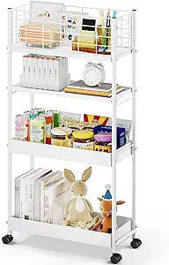 KINGRACK Slim Rolling Storage Cart 4 Tier - Heavy Duty Metal Utility Cart with Raised Edge & Wheels, Narrow Mobile Organizer Shelves for Bathroom, Kitchen, Laundry, Office, Living Room, White