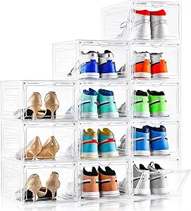 Clemate Upgraded X-Large Shoe Organizer,Shoe Storage Organizer,12 Pack,Shoe Box Clear Plastic Stackable,Drop Front Shoe Box with Clear Door, Shoe Containers For Sneaker Display,Fit up to US Size12