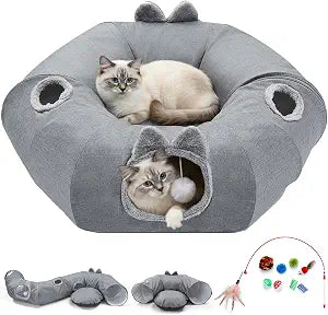 Linen Cat Tunnels with Central Cat Bed, Interactive Cat Toys Detachable Washable Soft Mat Large Indoor Play Tunnel Cave for Kittens and Small Animals