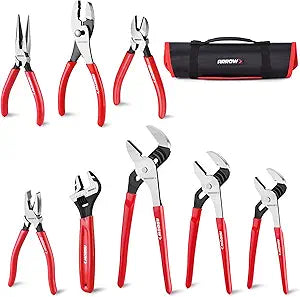 ARROW 8PCS Pliers & Wrench Set, 6" Needle Nose Pliers, 6" Diagonal, 7" Linesman, 8" Slip Joint, 8" & 10" & 12" Groove Joint and CRV 8" Adjustable Wrench, Portable Rolling Bag With Handle