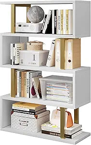 SORCEDAS Bookshelf Geometric Bookcase S Shaped Industrial Bookshelf Storage Display Stand Shelf for Living Room Bedroom and Office Room (White, 4 Tier)