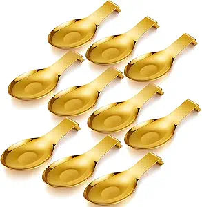 Nuanchu 10 Pcs Gold Stainless Steel Spoon Rest Spatula Ladle Holder Spoon for Stove Top Heavy Duty Spatula Holder for Countertop Dishwasher Safe Utensil Rest for Kitchen, 3.8 x 9.6"
