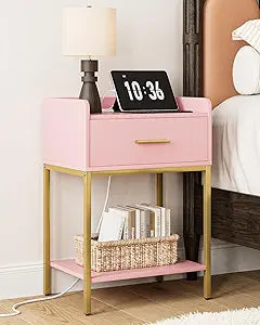 Nightstand with Charging Station, Modern Bedside Table with Drawer and Legs,Pink and Gold Night Stand with Open Shelf, Narrow Side Table for Bedroom, Living Room