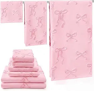Peryiter 6 Pack Cotton Pink Bow Towels, Gifts for Mother's Day, Soft Absorbent Bath Towel Set, Cute Bathroom Decor, 2 Bath Cloth 2 Hand Towels 2 Washcloths