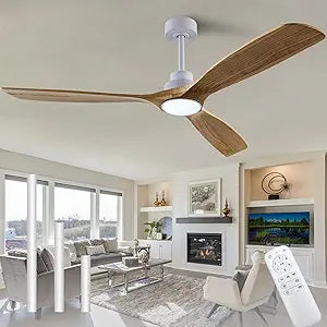 QUTWOB 60" Wood Ceiling Fan with Lights Remote Control,Quiet DC Motor 3 Blade Ceiling Fans for Patio Living Room, Bedroom, Office,Indoor Outdoor(Raw wood+White)