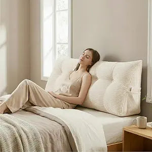 Wedge Reading Pillow Headboard Queen Size, Headboard Bolster Pillow for Bed, Triangular Backrest Cushion with Removable Corduroy Cover, White