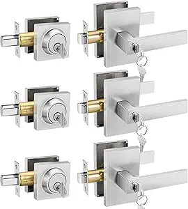 Haidms Brushed Nickel Door Handle with Deadbolt, Square Contemporary Brushed Nickel Exterior Door Lock Set with Deadbolt, Heavy Duty Zinc-alloyed Front Entry Door Locksets with Deadbolt(3 Pack)
