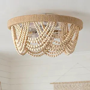20inch Boho Caged Ceiling Fans with Lights, Low Profile Bladeless Ceiling Fan with Light and Remote, Flush Mount Hemp Rope Beaded 6 Speeds for Living Room Bedroom Nursery