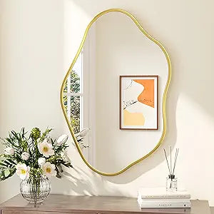 Keonjinn Gold Irregular Mirrors for Wall 24" x 36" Inch, Asymmetrical Metal Frame, Tempered Glass Decorative Mirror for Bathroom, Bedroom, Living Room, Entryway(Horizontal/Vertical)