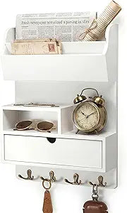 Rebee Vision Pine Wood Key Holder Wall Mount for Home Decor  Farmhouse Key Holder for Wall with Shelf & Drawer for Little Plant  Ideal Apartment Essentials for Stylish House Decor (White)