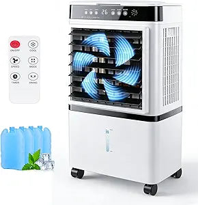 Portable Air Conditioner, Evaporative Air Cooler with Remote 3 Modes 3 Speeds 4 Gal Water Tank 4 Ice Packs 120 Oscillation 12H Timer 8,500 BTU for Rooms up to 250 Sq. Ft.
