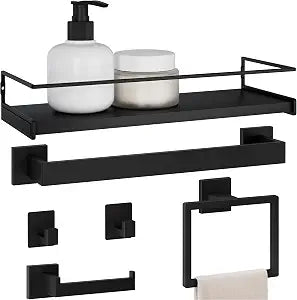 Black Bathroom Hardware Set, 5-Piece + 15.7" Shelf & 2 Adhesive Robe Hooks