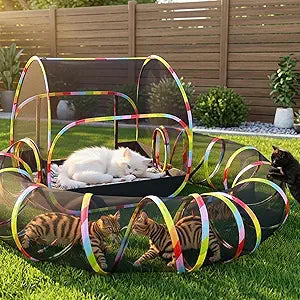 Outdoor Cat Enclosure, 2-in-1 Portable Pop Up Cat Mesh Tent with Tunnel for Cat Run, Easy Set Up and Foldable Catio Playground for Indoor Cats, Rabbits & Small Animals, Includes Storage Bag