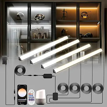 Black Shelf Lights, LED Bookshelf Lighting Compatible with Alexa, WiFi Dimmable 2700k-6500k Warm White Under Shelf Lighting for Bookcase, Display, Cabinets with App, Remote(4 Pack 12In)